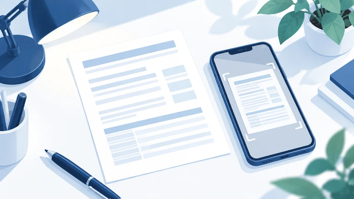 スマートフォンで書類の撮影画像を確認するイラスト